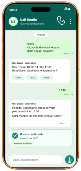 Conversa ilustrativa de agendamento no WhatsApp em um smartphone