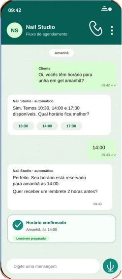 Conversa ilustrativa de agendamento no WhatsApp em um smartphone